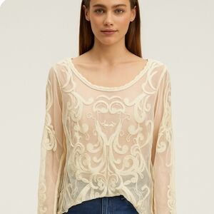 Express Ivory Sheer Lace Bohemian Womens Cotton Blouse Sz M